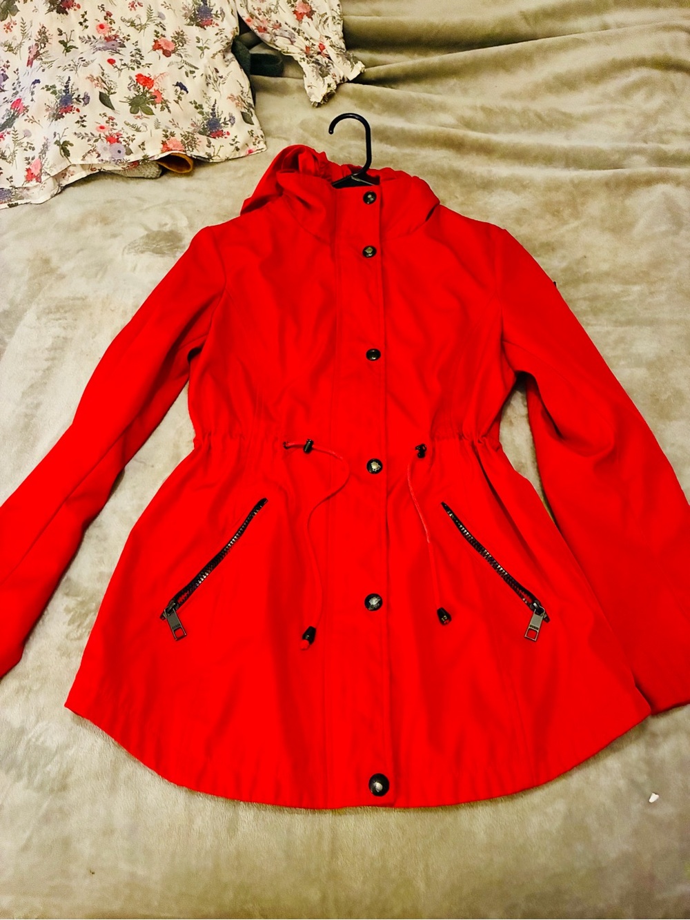 Women's Red Hooded Drawstring Rain Jacket